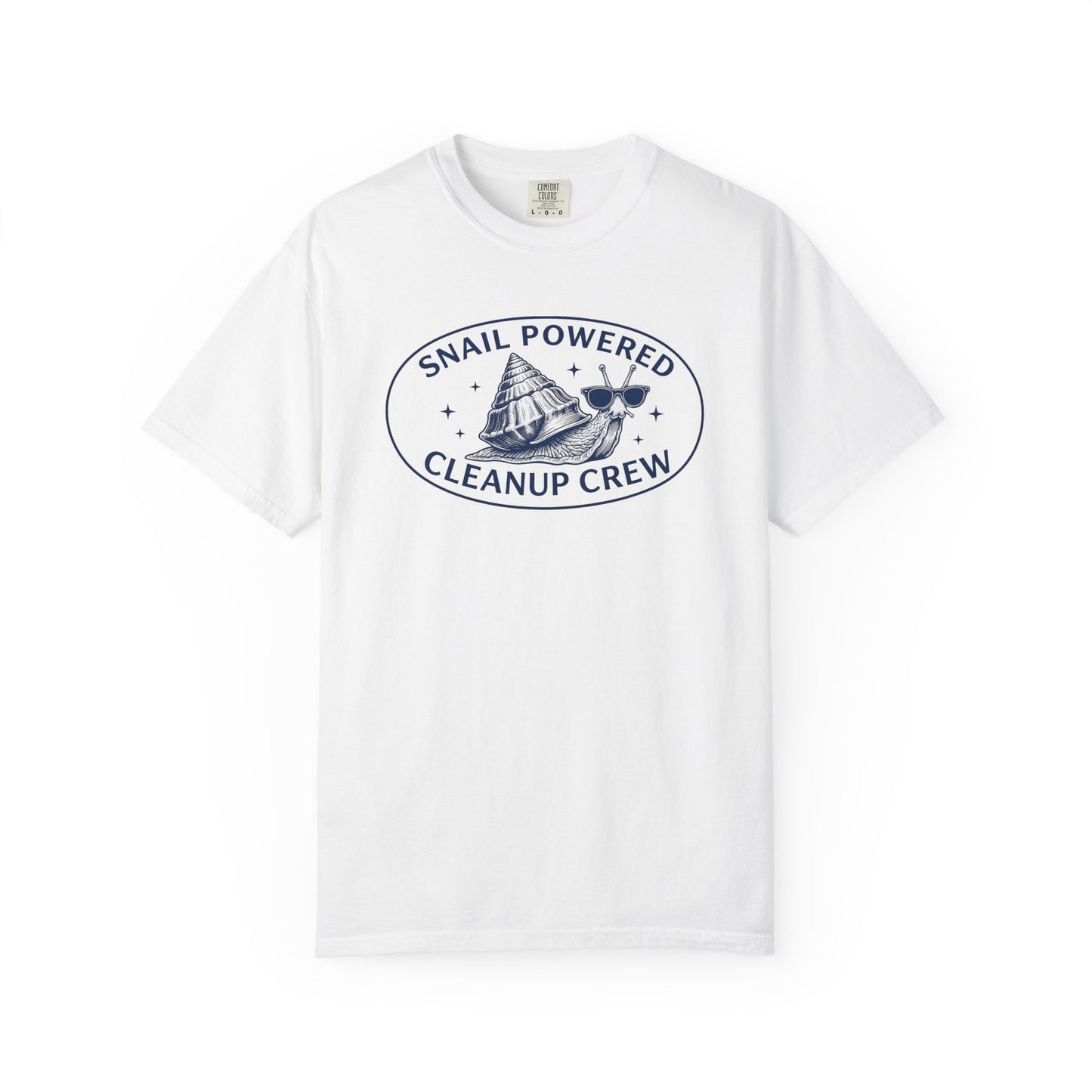 Broke Reefers saltwater aquarium graphic t-shirt featuring an illustration of a cool snail with sunglasses and the text: SNAIL POWERED CLEANUP CREW, white crew neck tee