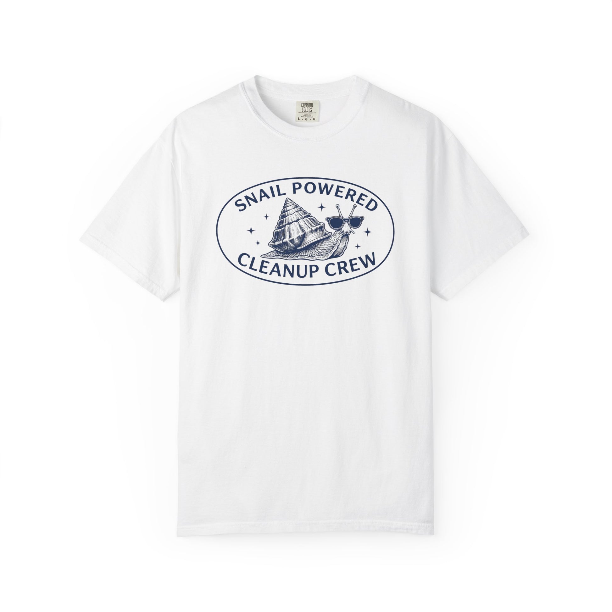 Broke Reefers saltwater aquarium graphic t-shirt featuring an illustration of a cool snail with sunglasses and the text: SNAIL POWERED CLEANUP CREW, white crew neck tee