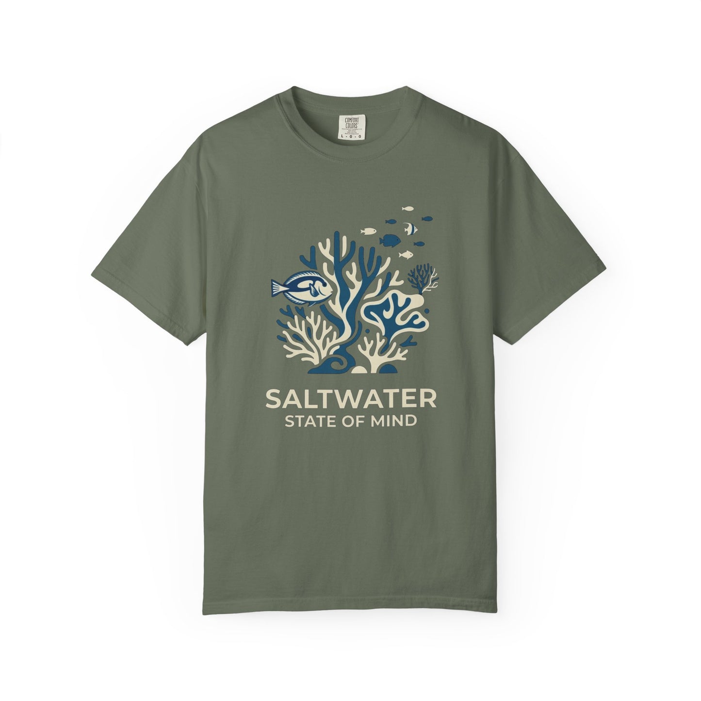 Broke Reefers saltwater aquarium graphic t-shirt featuring a serene illustration of a coral reef with the text: SALTWATER STATE OF MIND, military green crew neck tee