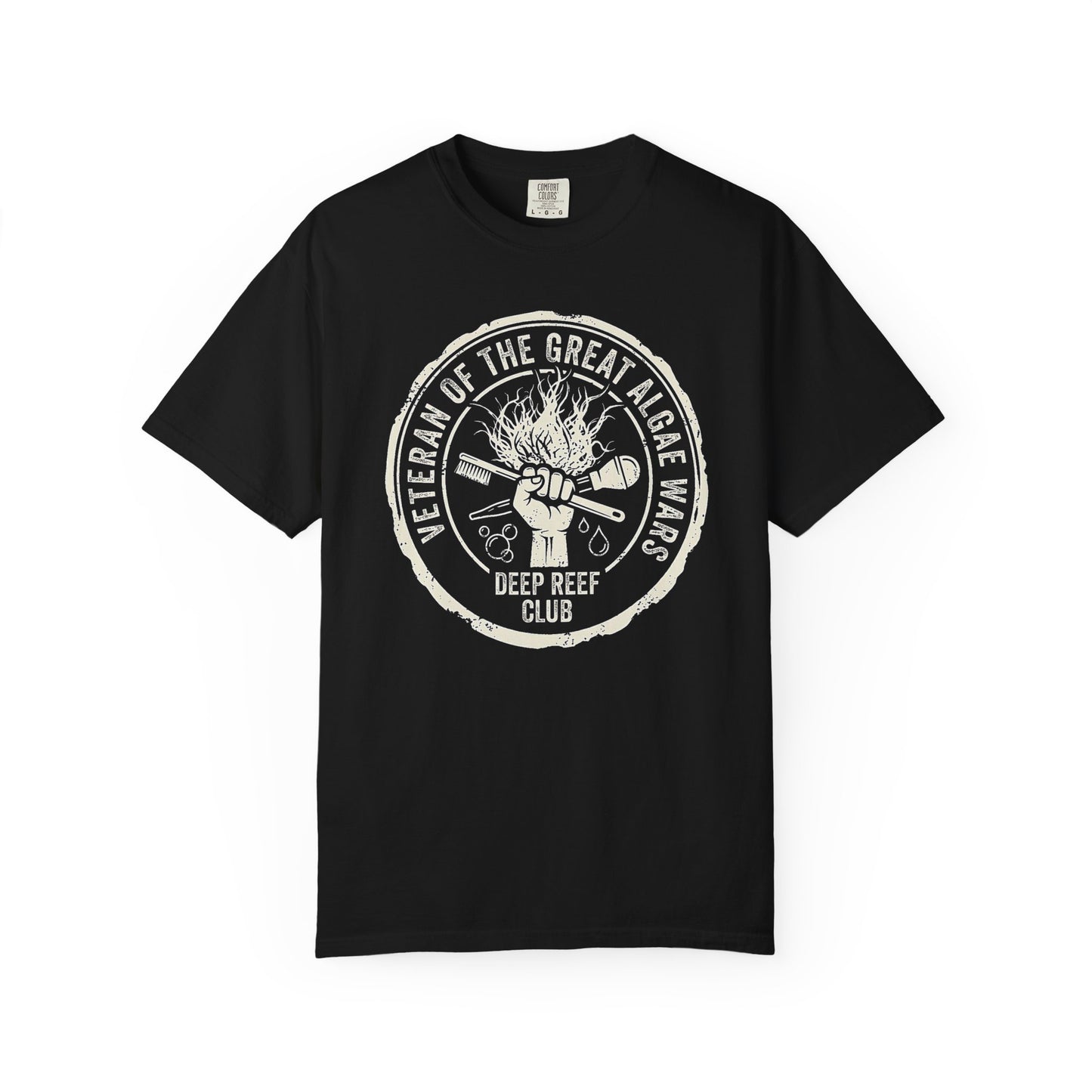Deep Reef Club saltwater aquarium graphic t-shirt featuring a grit-inspired badge design of a hand raising cleaning tools with the text: VETERAN OF THE GREAT ALGAE WARS, black crew neck tee