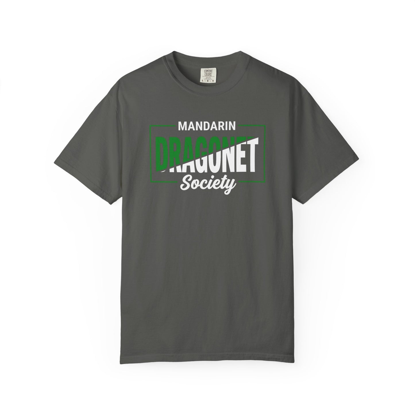 Broke Reefers saltwater aquarium graphic t-shirt featuring modern, bold typography that reads: MANDARIN DRAGONET Society, dark khaki crew neck tee