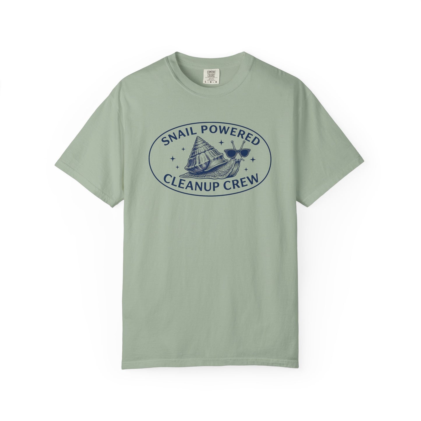 Broke Reefers saltwater aquarium graphic t-shirt featuring an illustration of a cool snail with sunglasses and the text: SNAIL POWERED CLEANUP CREW, light green crew neck tee