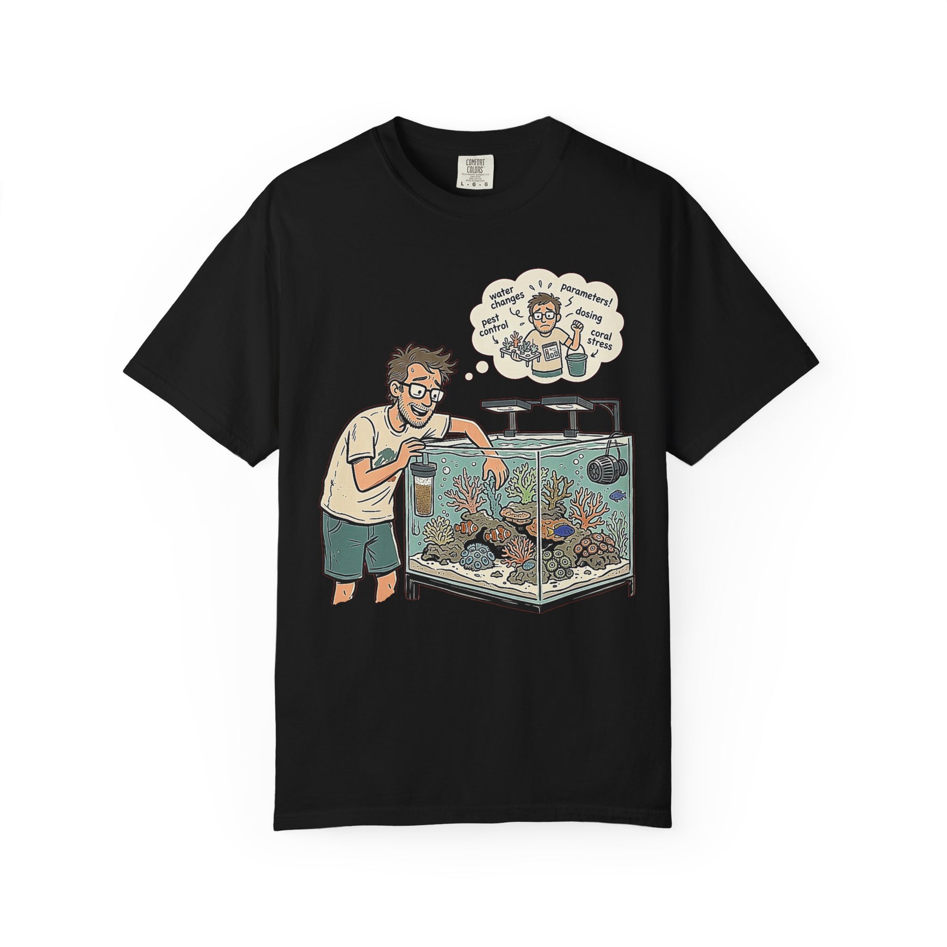 Broke Reefers saltwater aquarium graphic t-shirt featuring a detailed illustration of a reef-keeper tending to their tank with a thought bubble of reefing chores, black crew neck tee