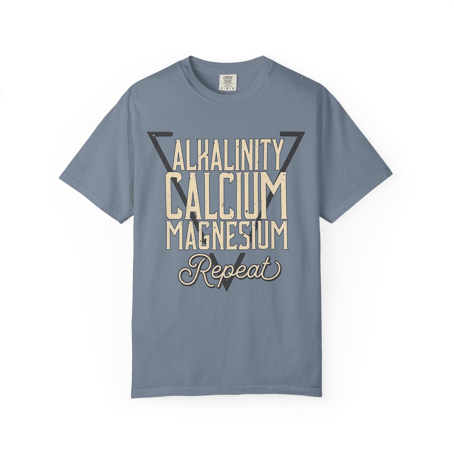 Broke Reefers graphic t-shirt featuring a geometric triangle design with the text: ALKALINITY, CALCIUM, MAGNESIUM, REPEAT, blue crew neck tee