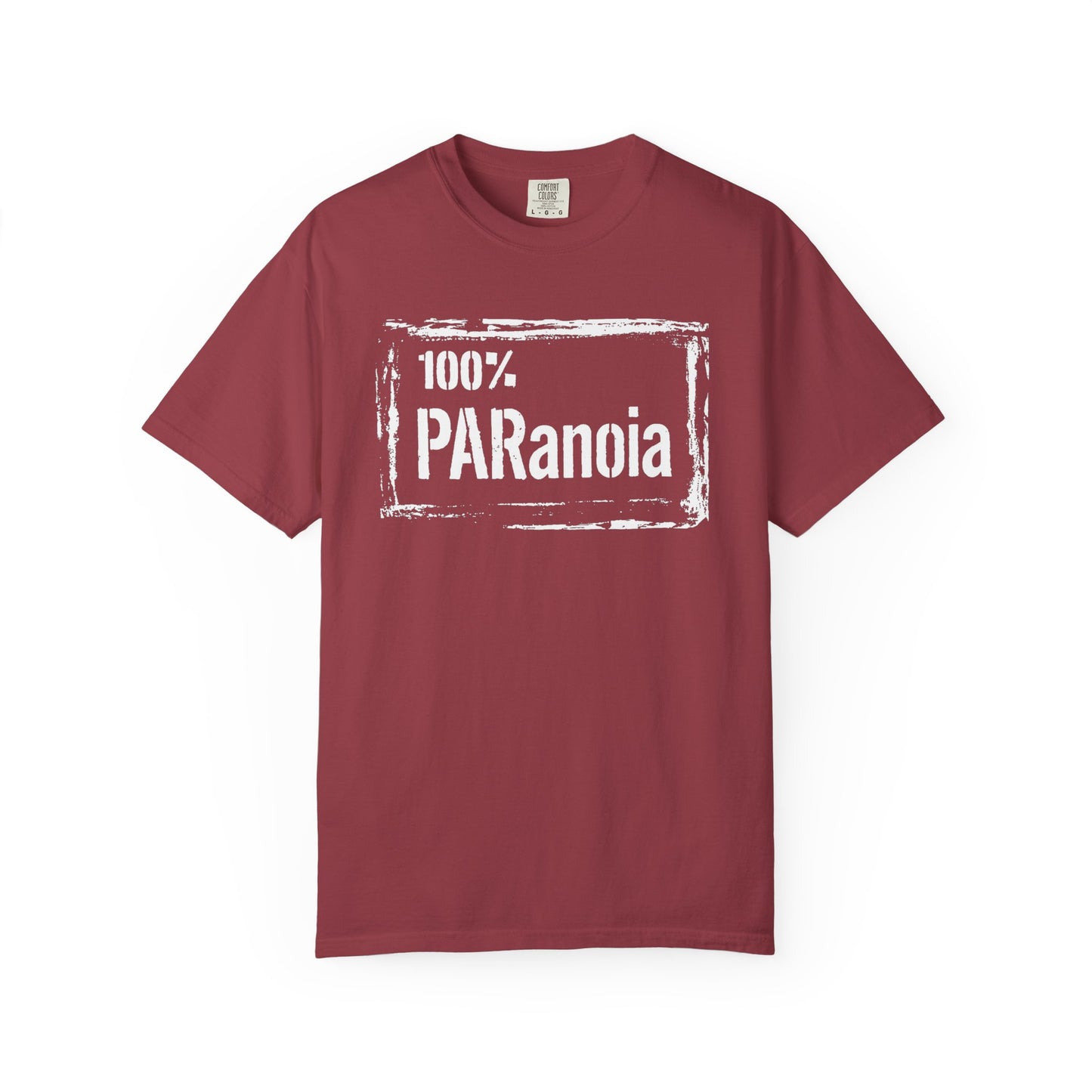 Broke Reefers saltwater aquarium graphic t-shirt featuring a distressed-frame design with the text: 100% PARANOIA, maroon crew neck tee