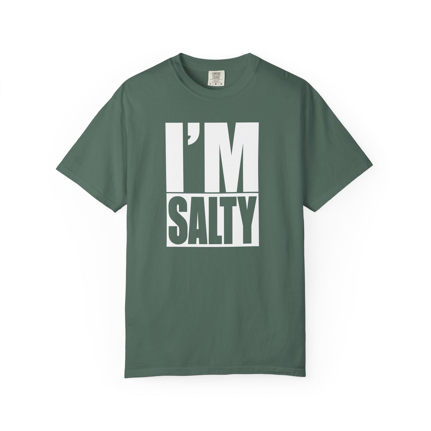 Broke Reefers graphic t-shirt featuring a bold, minimalist block-text design that reads: I’M SALTY, military green crew neck tee