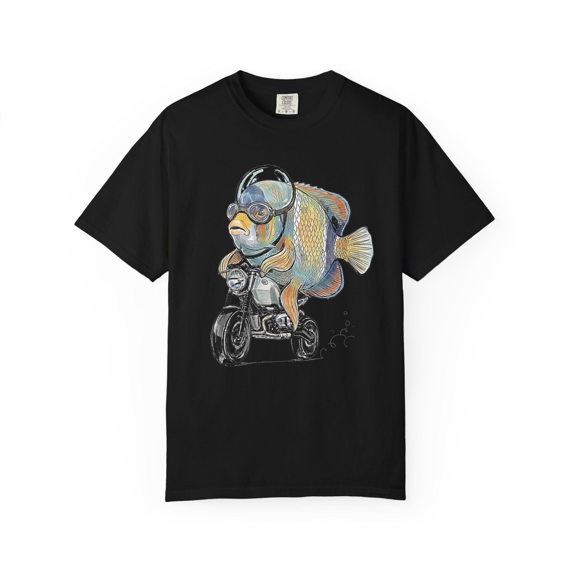 Broke Reefers saltwater aquarium graphic t-shirt featuring a detailed, whimsical illustration of a Majestic Angelfish in a bubble helmet riding a motorcycle, black crew neck tee
