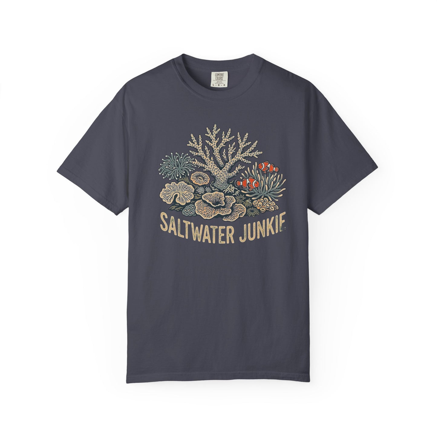 Broke Reefers graphic t-shirt featuring a detailed illustration of a coral reef with clownfish and the text: SALTWATER JUNKIE, navy crew neck tee