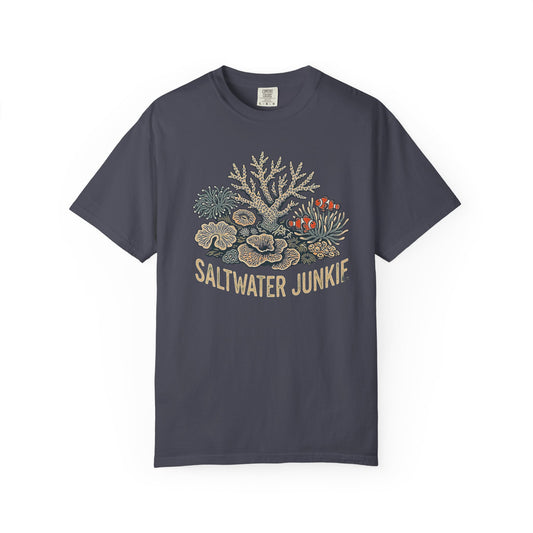 Broke Reefers graphic t-shirt featuring a detailed illustration of a coral reef with clownfish and the text: SALTWATER JUNKIE, navy crew neck tee