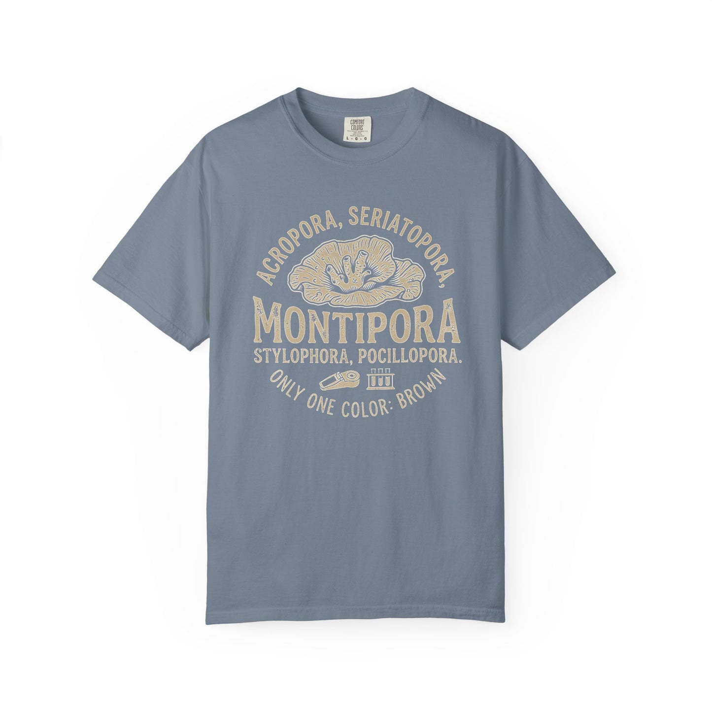 Broke Reefers saltwater aquarium graphic t-shirt featuring a vintage-style design listing SPS coral genera with the text: ONLY ONE COLOR: BROWN, blue crew neck tee