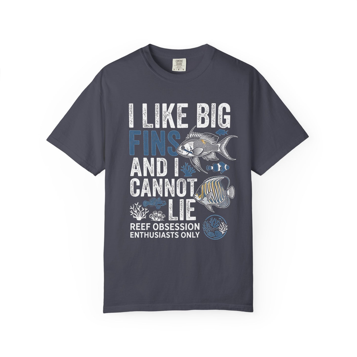 Broke Reefers saltwater aquarium graphic t-shirt featuring a fun illustration of marine fish and the text: I LIKE BIG FINS AND I CANNOT LIE - REEF OBSESSION ENTHUSIASTS ONLY, navy crew neck tee