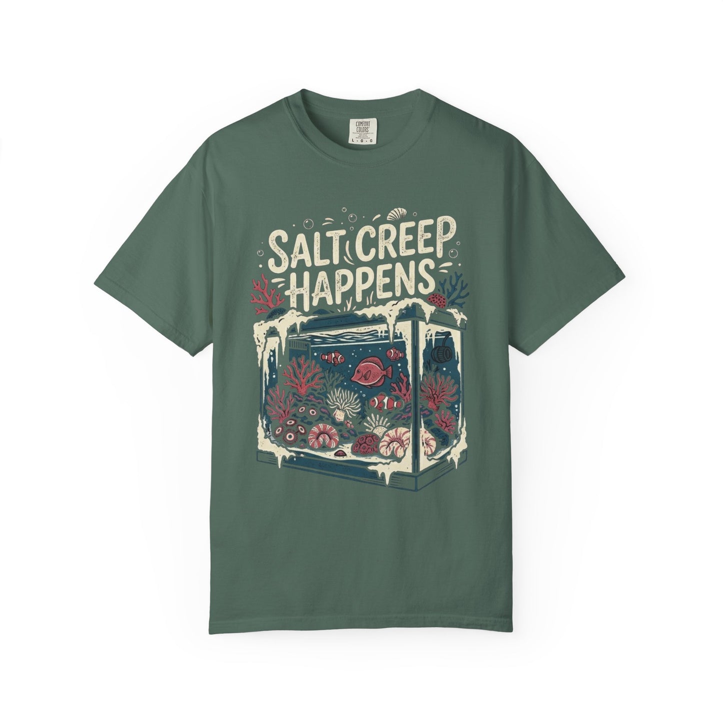 Broke Reefers saltwater aquarium graphic t-shirt featuring an illustration of a reef tank with white salt creep buildup and the text: SALT CREEP HAPPENS, dark military green crew neck tee