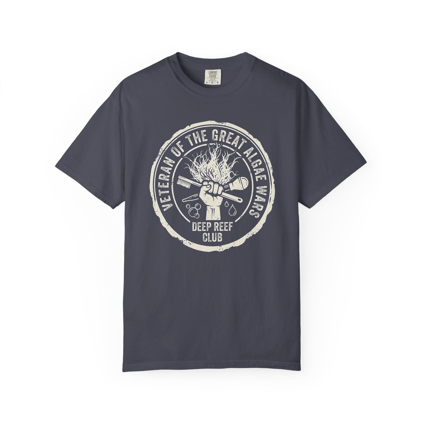 Deep Reef Club saltwater aquarium graphic t-shirt featuring a grit-inspired badge design of a hand raising cleaning tools with the text: VETERAN OF THE GREAT ALGAE WARS, navy crew neck tee