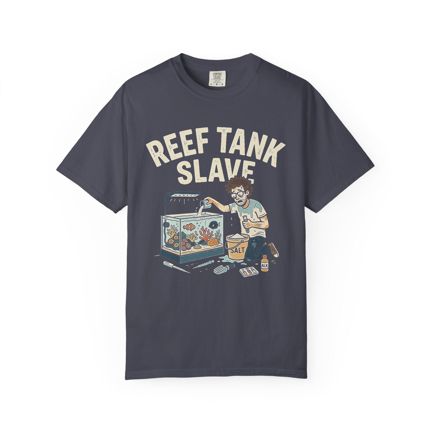 Broke Reefers saltwater aquarium graphic t-shirt featuring a detailed illustration of a reef-keeper mixing salt and maintaining a reef tank with the text: REEF TANK SLAVE, navy crew neck tee