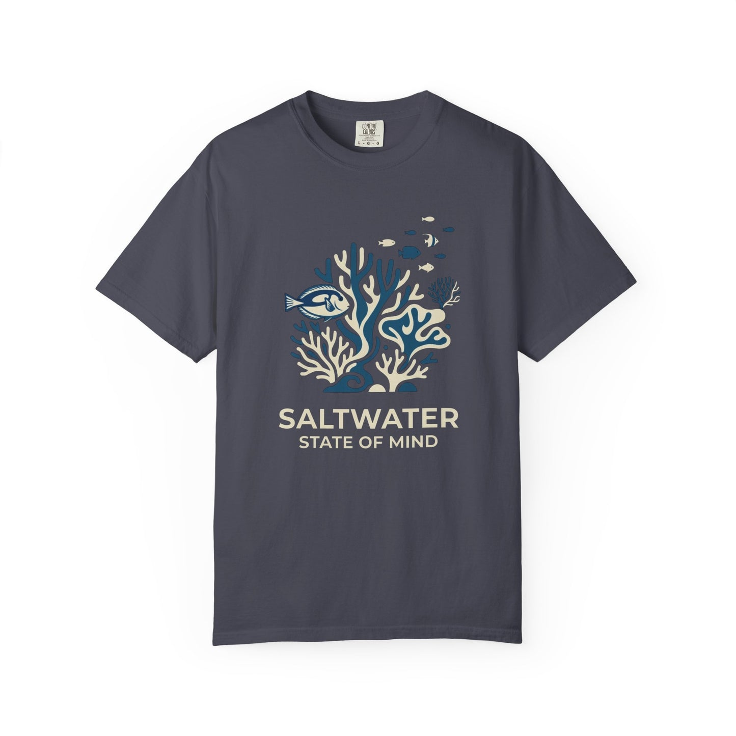 Broke Reefers saltwater aquarium graphic t-shirt featuring a serene illustration of a coral reef with the text: SALTWATER STATE OF MIND, navy crew neck tee