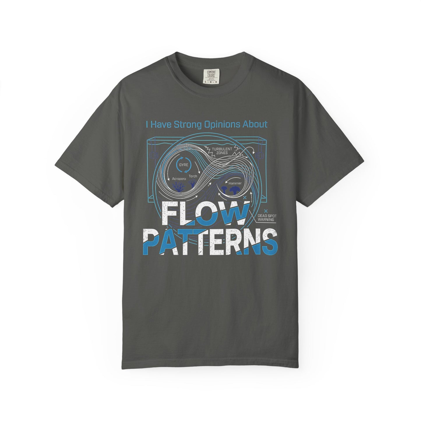 Broke Reefers graphic t-shirt featuring a technical aquarium water flow diagram with text I HAVE STRONG OPINIONS ABOUT FLOW PATTERNS, [Color] crew neck tee