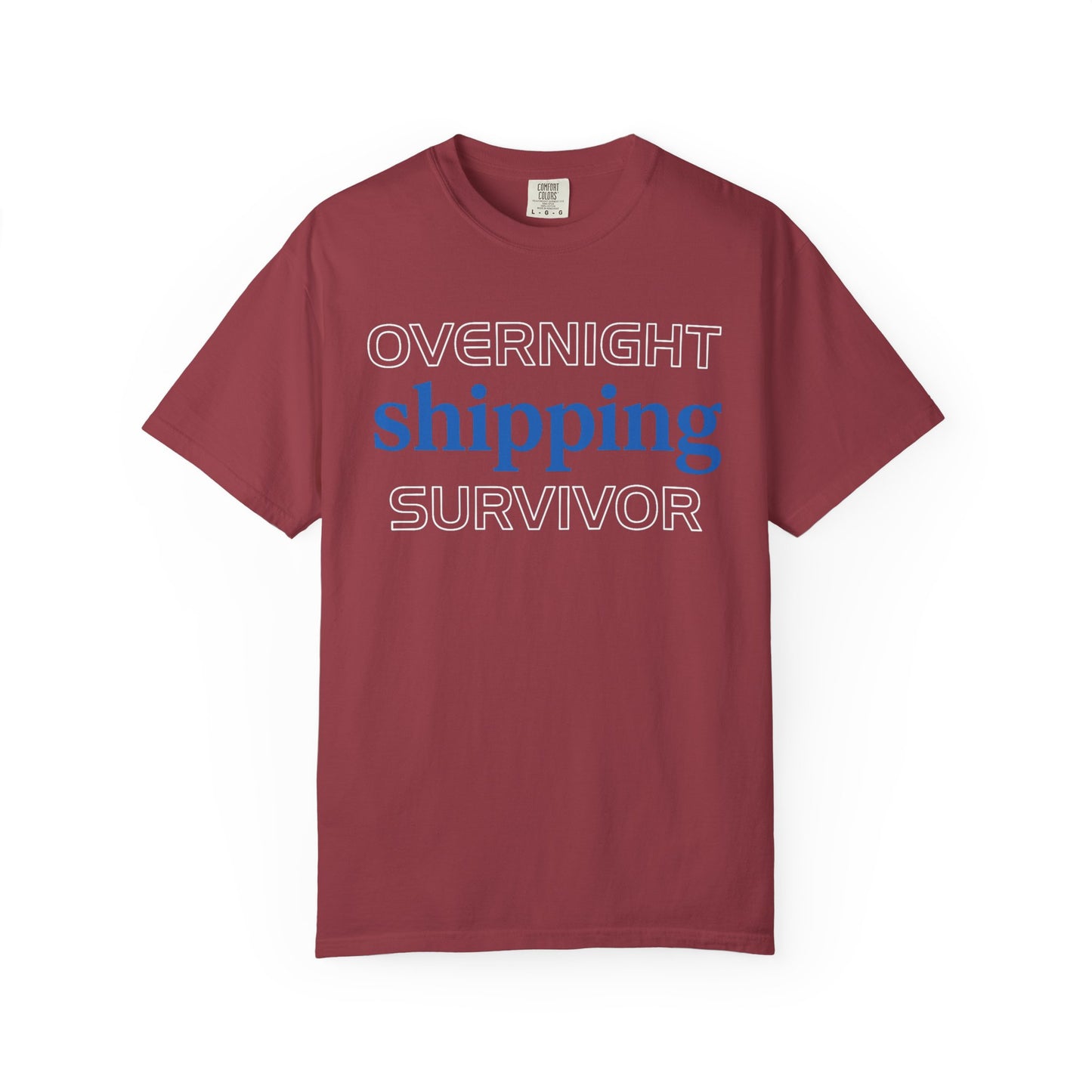 Broke Reefers saltwater aquarium graphic t-shirt featuring clean, bold typography that reads: OVERNIGHT shipping SURVIVOR, maroon crew neck tee