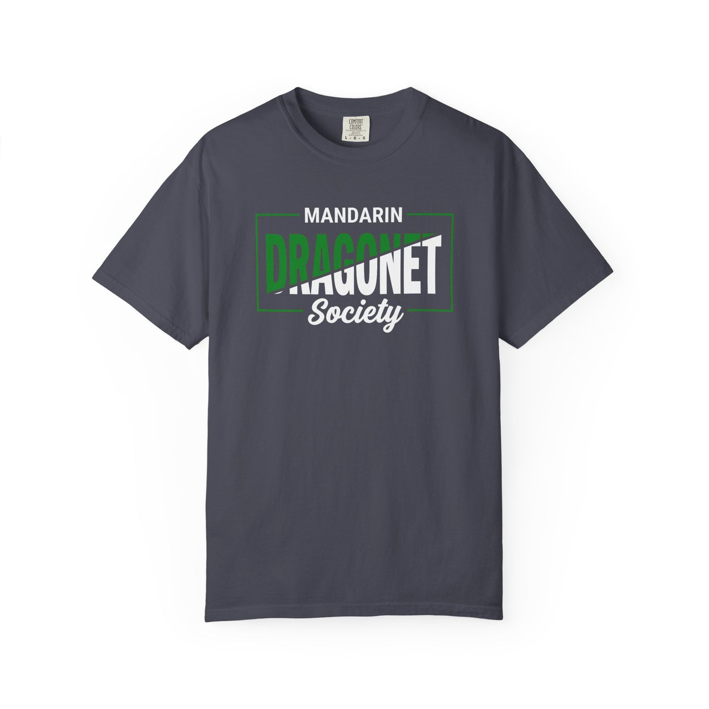 Broke Reefers saltwater aquarium graphic t-shirt featuring modern, bold typography that reads: MANDARIN DRAGONET Society, navy crew neck tee