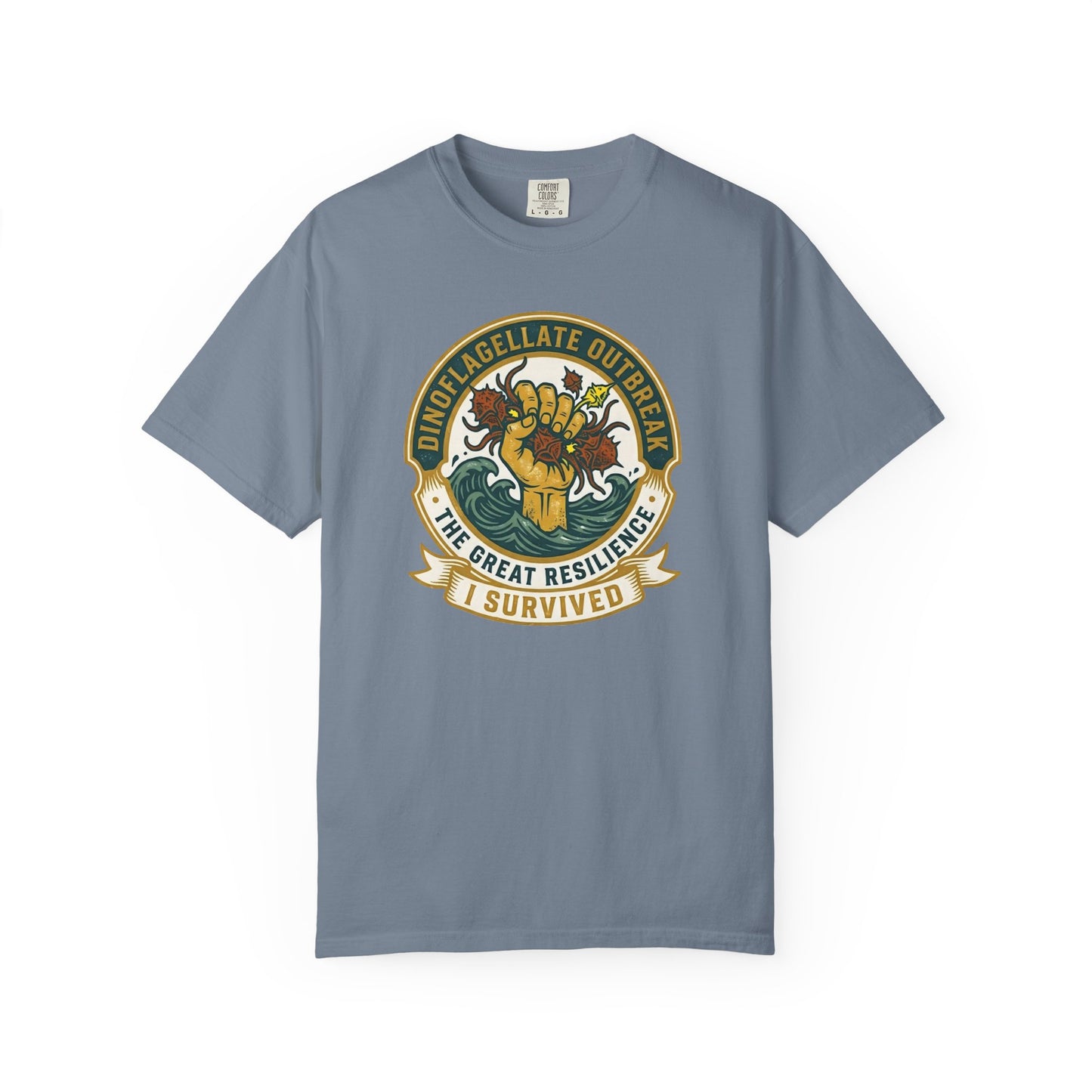 Broke Reefers graphic t-shirt featuring a victory-themed emblem with the text: DINOFLAGELLATE OUTBREAK, THE GREAT RESILIENCE, I SURVIVED, blue crew neck tee