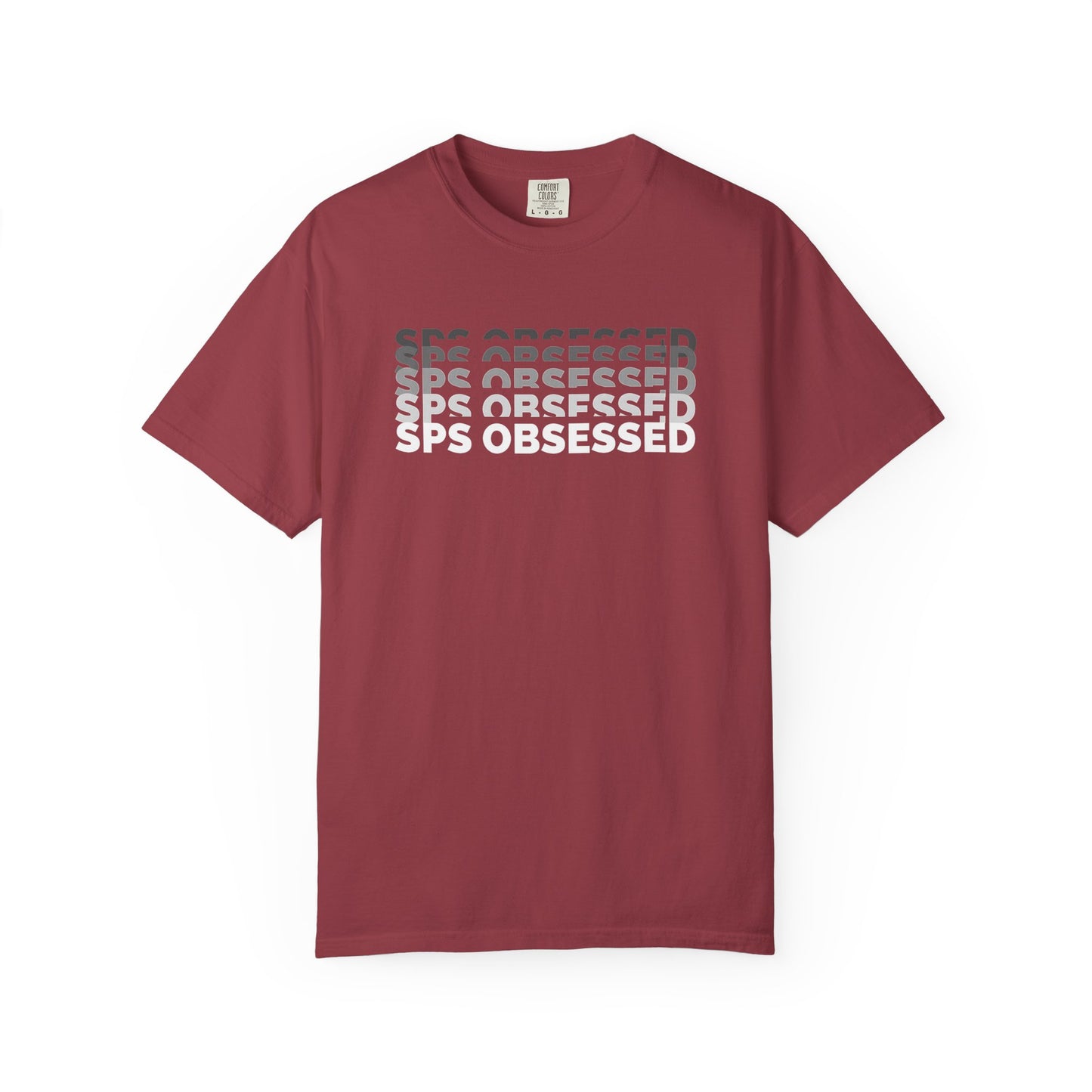 Broke Reefers saltwater aquarium graphic t-shirt featuring a modern, layered 'glitch' text design that reads: SPS OBSESSED, maroon crew neck tee