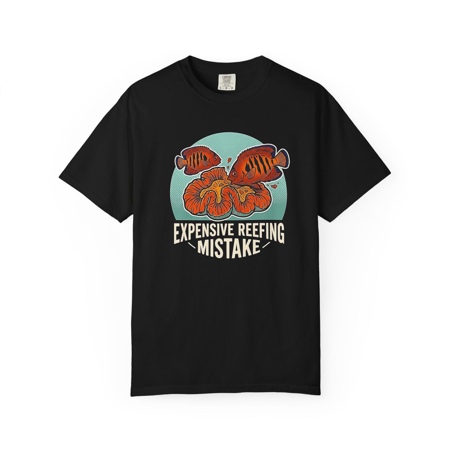 Broke Reefers graphic t-shirt featuring an illustration of a fish eating coral with the text: EXPENSIVE REEFING MISTAKE, black crew neck tee