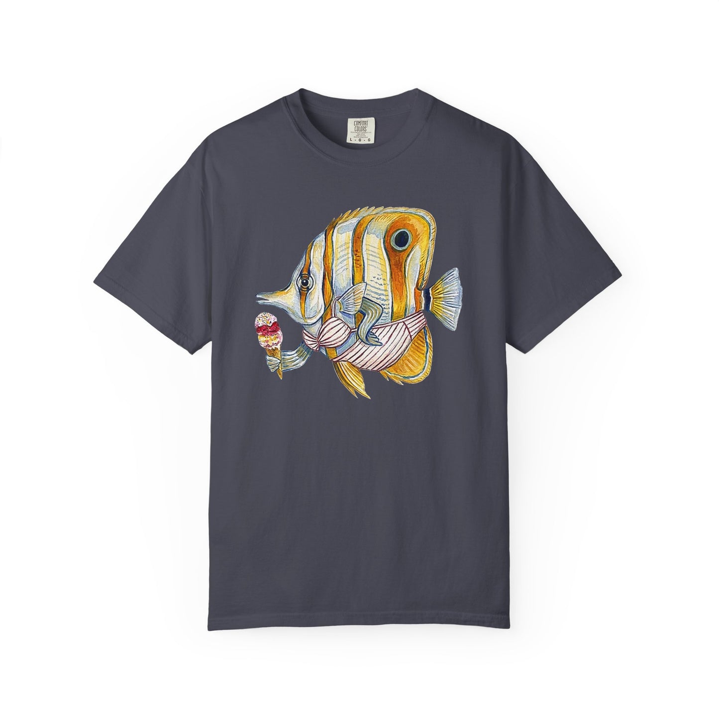 Broke Reefers saltwater aquarium graphic t-shirt featuring a unique, hand-painted style illustration of a Copperband Butterflyfish wearing a bikini and holding an ice cream cone, navy crew neck tee