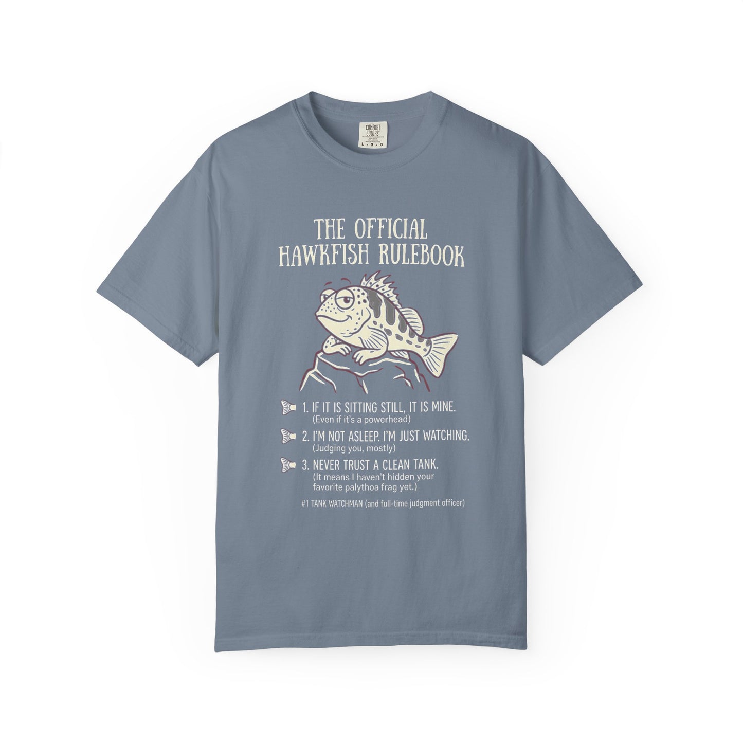 Broke Reefers saltwater aquarium graphic t-shirt featuring a witty rulebook illustration of a hawkfish with the text: THE OFFICIAL HAWKFISH RULEBOOK, blue crew neck tee