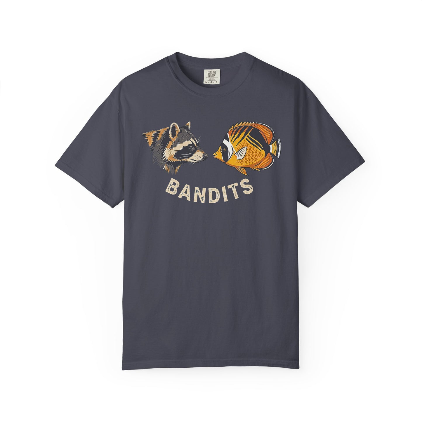 Broke Reefers saltwater aquarium graphic t-shirt featuring a paired illustration of a raccoon and a Raccoon Butterflyfish with the text: BANDITS, navy crew neck tee