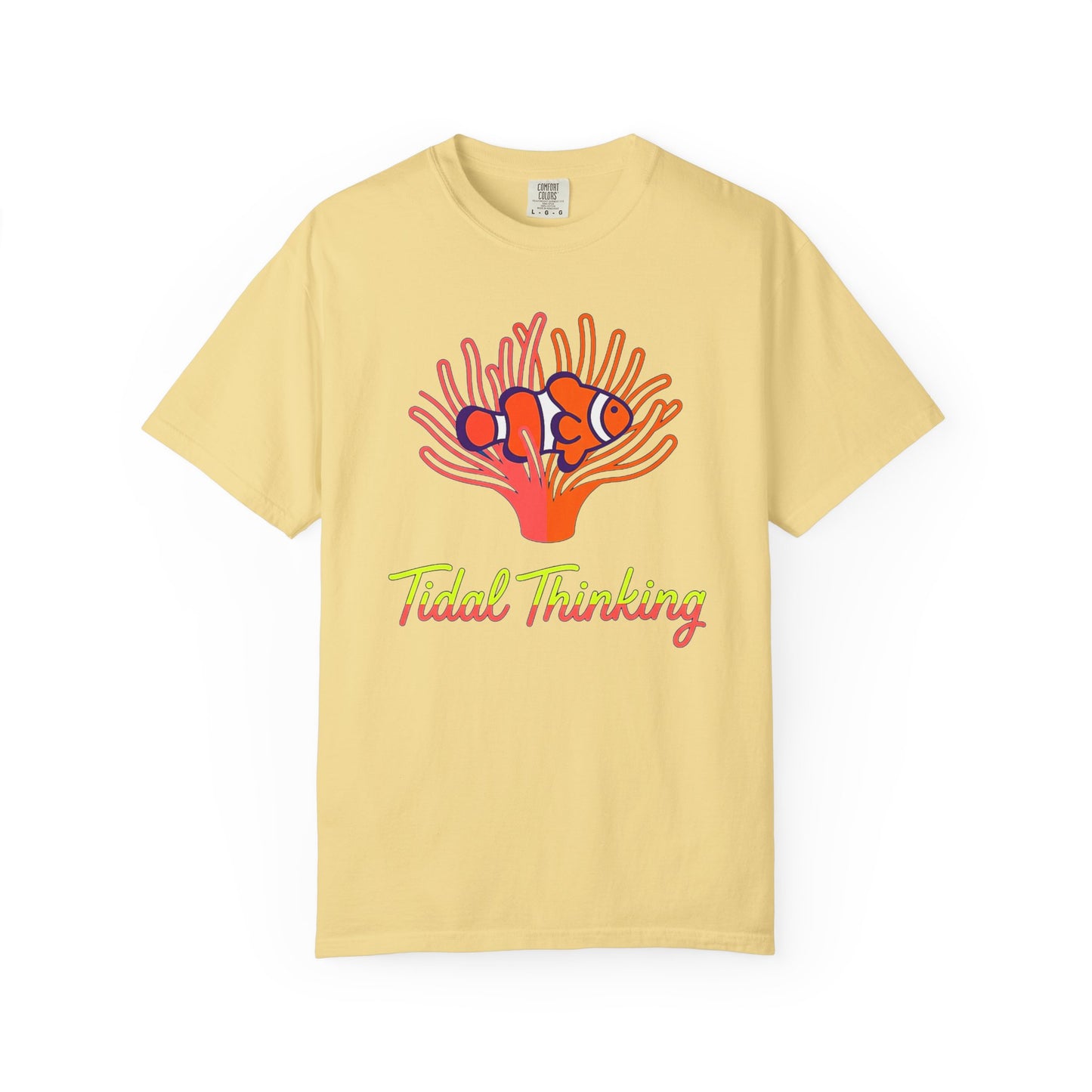 Broke Reefers saltwater aquarium graphic t-shirt featuring a vibrant illustration of a clownfish in an anemone with the text: Tidal Thinking, yellow crew neck tee
