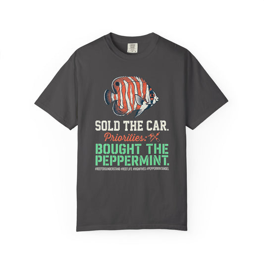 SOLD THE CAR, BOUGHT THE PEPPERMINT graphic t-shirt design featuring a Peppermint Angelfish illustration and bold vintage-style lettering for saltwater aquarium enthusiasts.