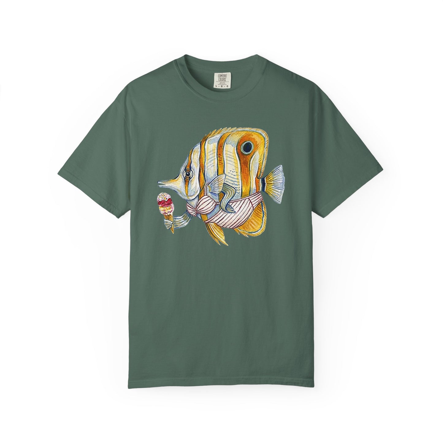 Broke Reefers saltwater aquarium graphic t-shirt featuring a unique, hand-painted style illustration of a Copperband Butterflyfish wearing a bikini and holding an ice cream cone, military green crew neck tee