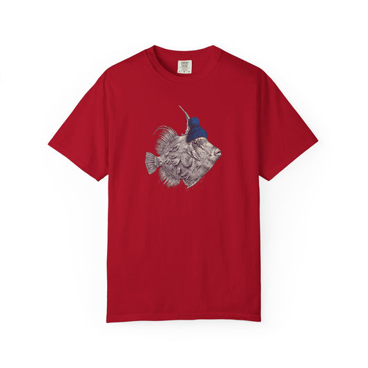 Broke Reefers graphic t-shirt featuring a vintage-style illustration of a filefish wearing a beanie, red crew neck tee