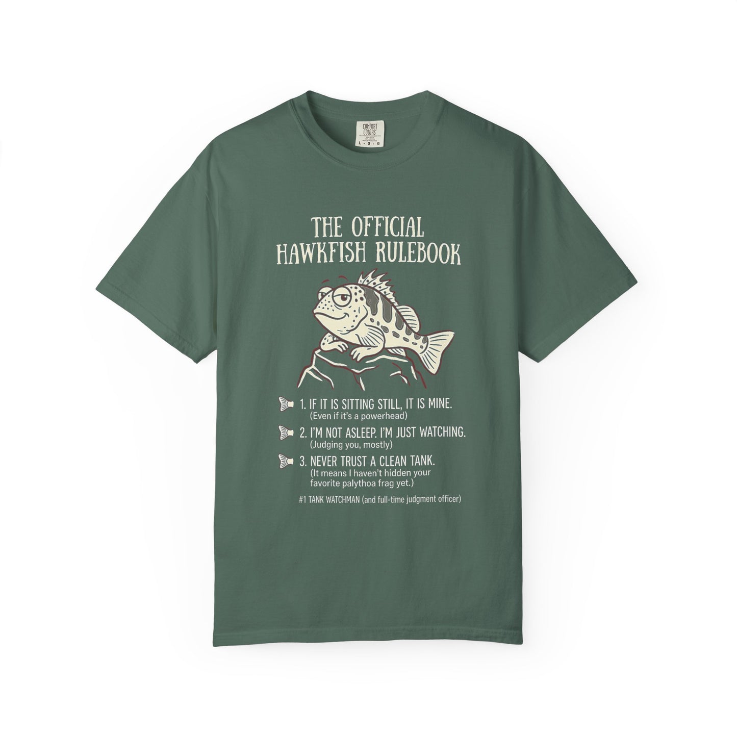 Broke Reefers saltwater aquarium graphic t-shirt featuring a witty rulebook illustration of a hawkfish with the text: THE OFFICIAL HAWKFISH RULEBOOK, military green crew neck tee