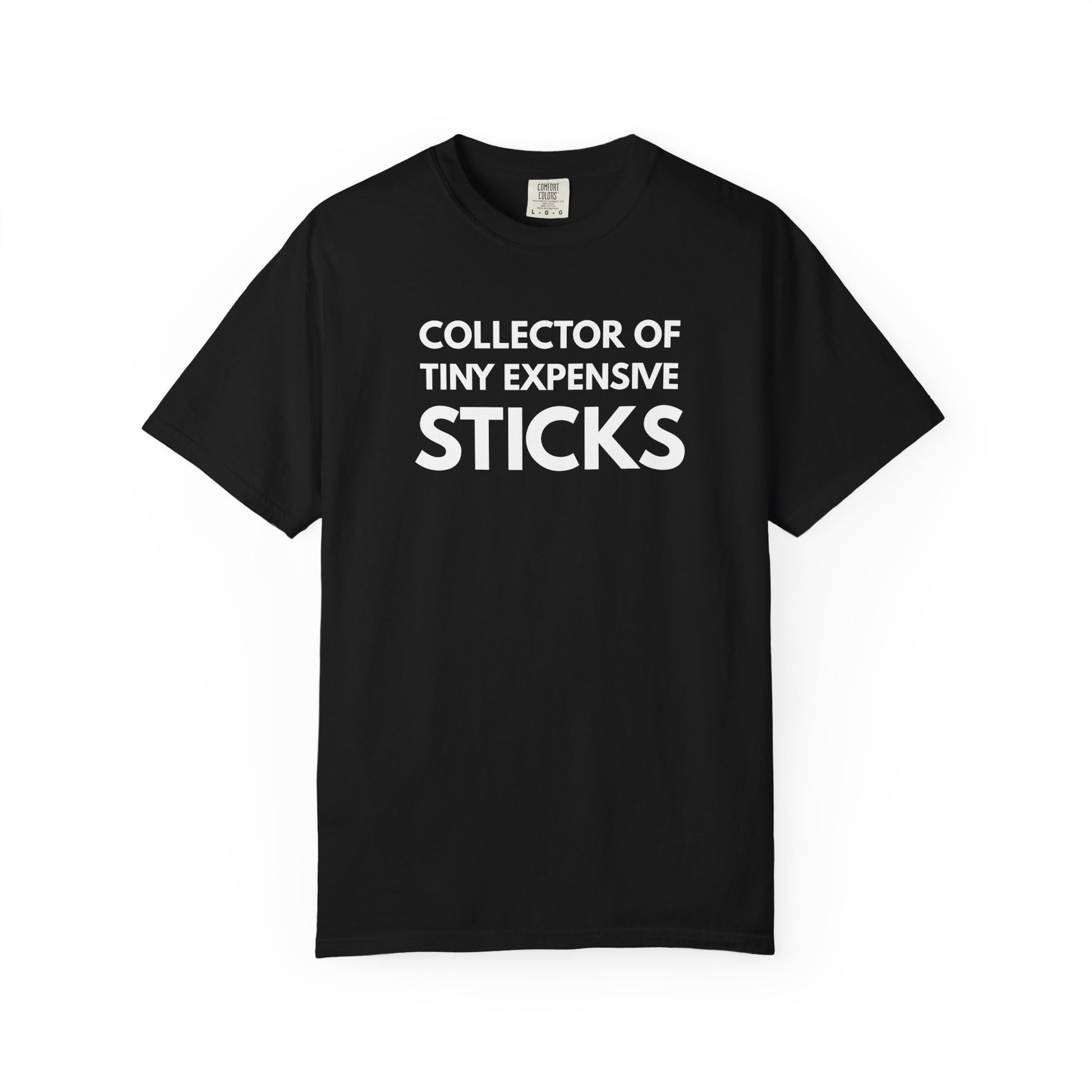 Broke Reefers saltwater aquarium graphic t-shirt featuring bold, minimalist text that reads: COLLECTOR OF TINY EXPENSIVE STICKS, black crew neck tee