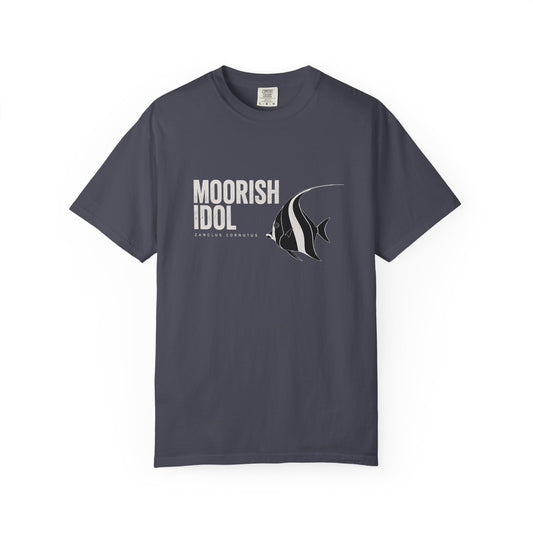 Broke Reefers graphic t-shirt featuring a stylized illustration of a Moorish Idol with the text: MOORISH IDOL, ZANCLUS CORNUTUS, navy crew neck tee