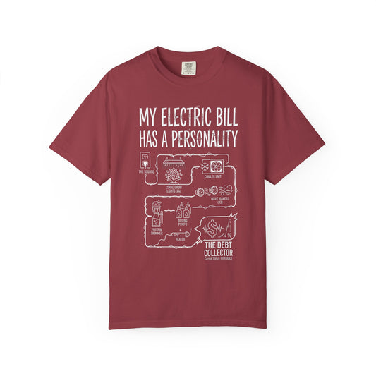 Broke Reefers graphic t-shirt featuring a technical schematic of aquarium equipment including lights, chillers, and pumps with the text: MY ELECTRIC BILL HAS A PERSONALITY, [Color] crew neck tee.