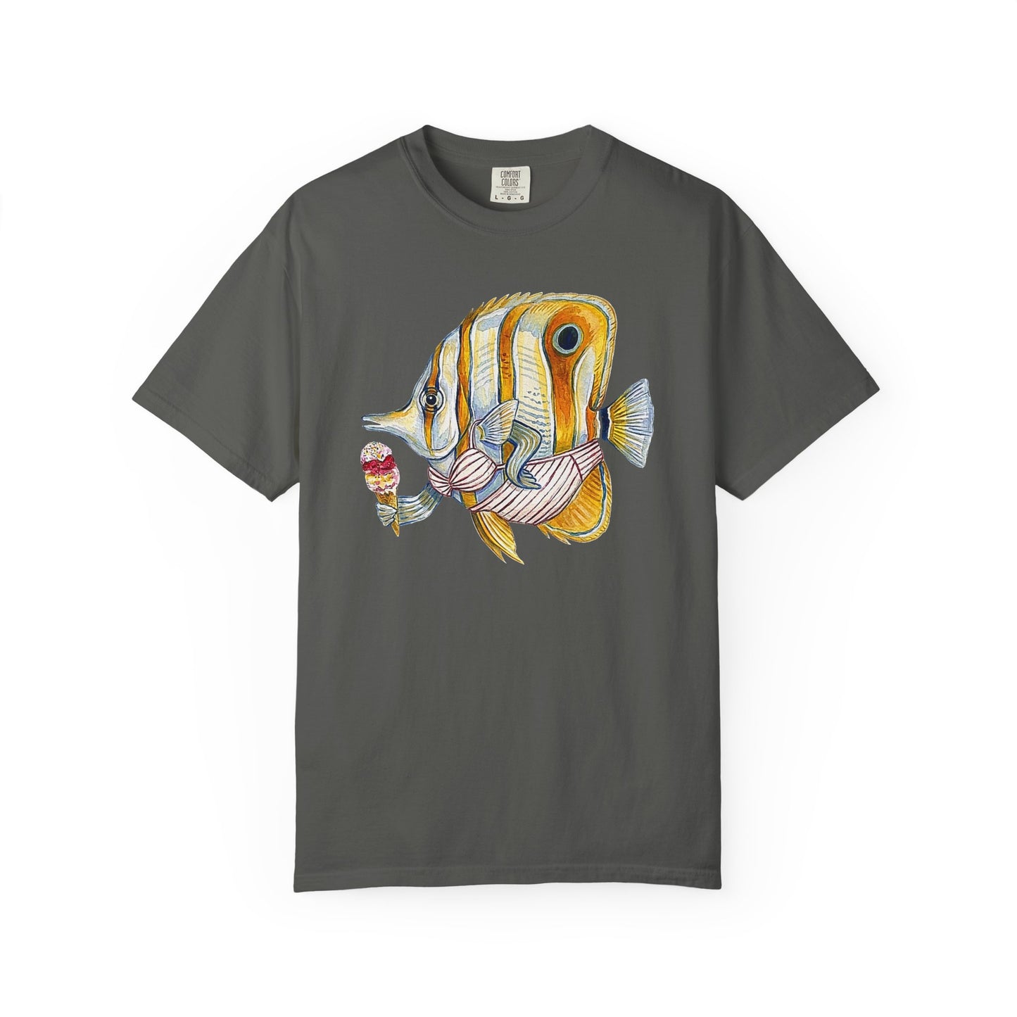 Broke Reefers saltwater aquarium graphic t-shirt featuring a unique, hand-painted style illustration of a Copperband Butterflyfish wearing a bikini and holding an ice cream cone, dark khaki crew neck tee