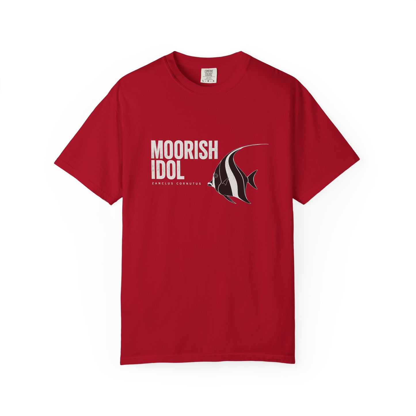 Broke Reefers graphic t-shirt featuring a stylized illustration of a Moorish Idol with the text: MOORISH IDOL, ZANCLUS CORNUTUS, red crew neck tee