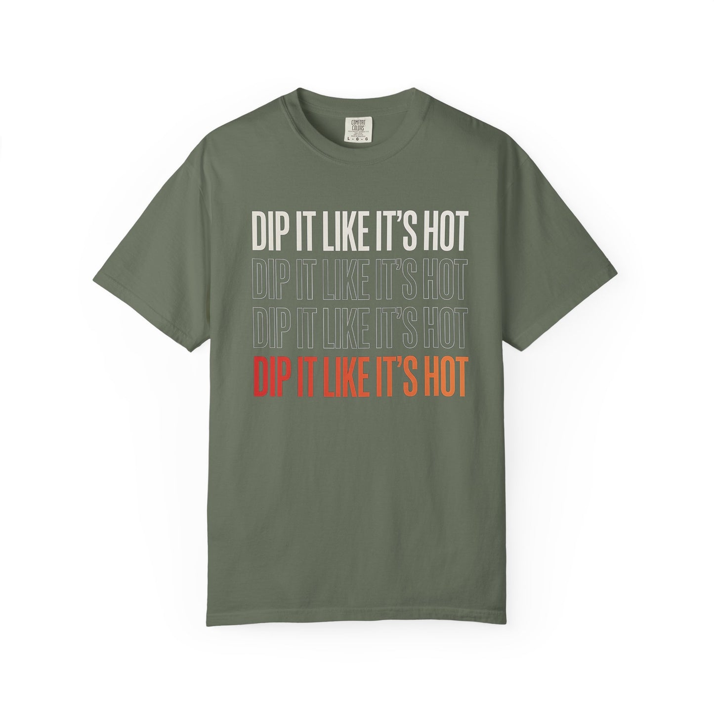 Broke Reefers saltwater aquarium graphic t-shirt featuring bold typography that reads: DIP IT LIKE IT'S HOT, military green crew neck tee