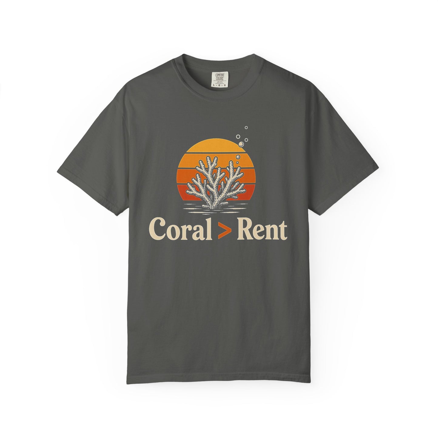 CORAL > RENT graphic t-shirt design featuring vintage distressed lettering and a colourful coral reef silhouette against a sunset gradient, inspired by saltwater reef aquarium hobbyists.
