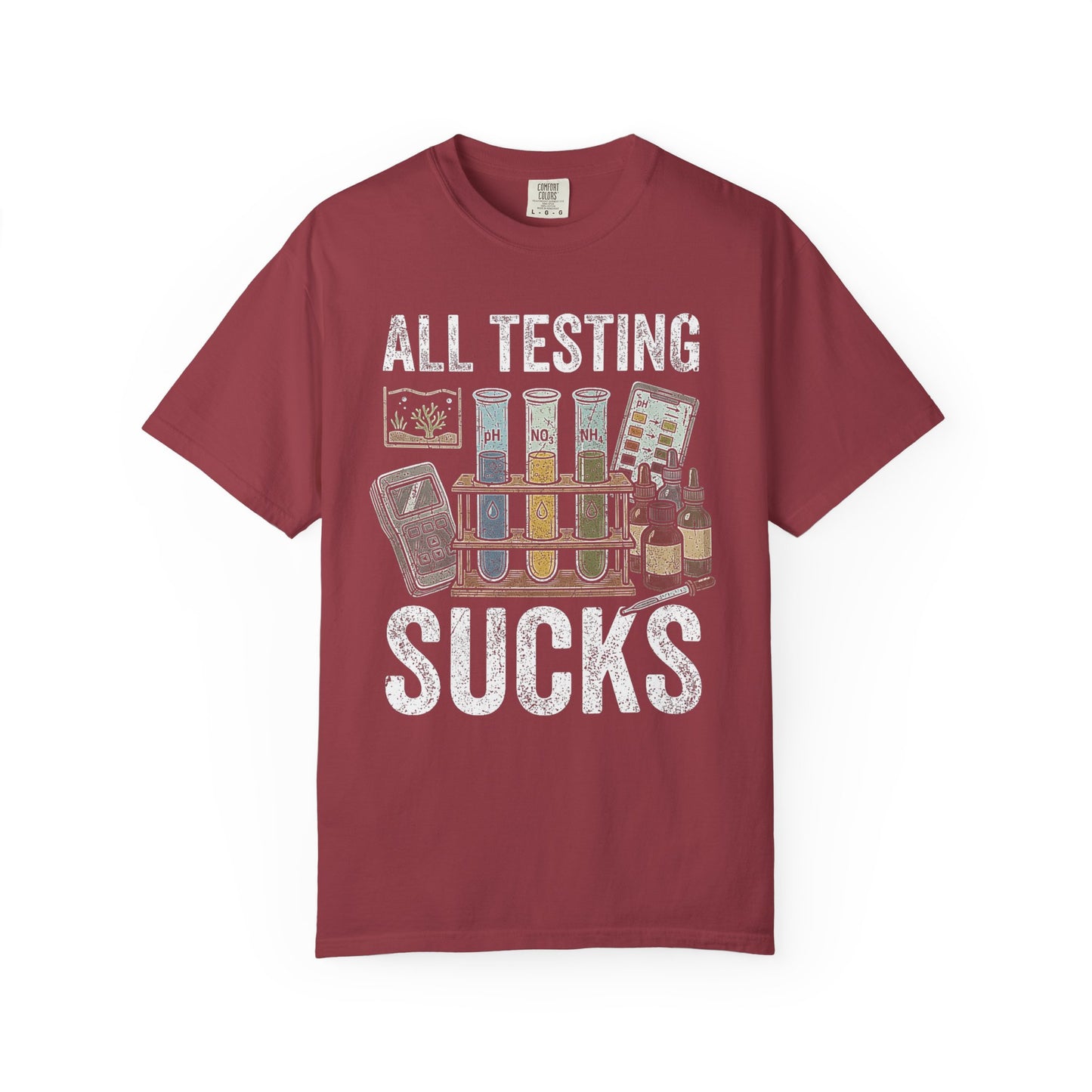 Broke Reefers graphic t-shirt featuring a vintage-style illustration of aquarium water testing equipment with the text: ALL TESTING SUCKS, maroon crew neck tee