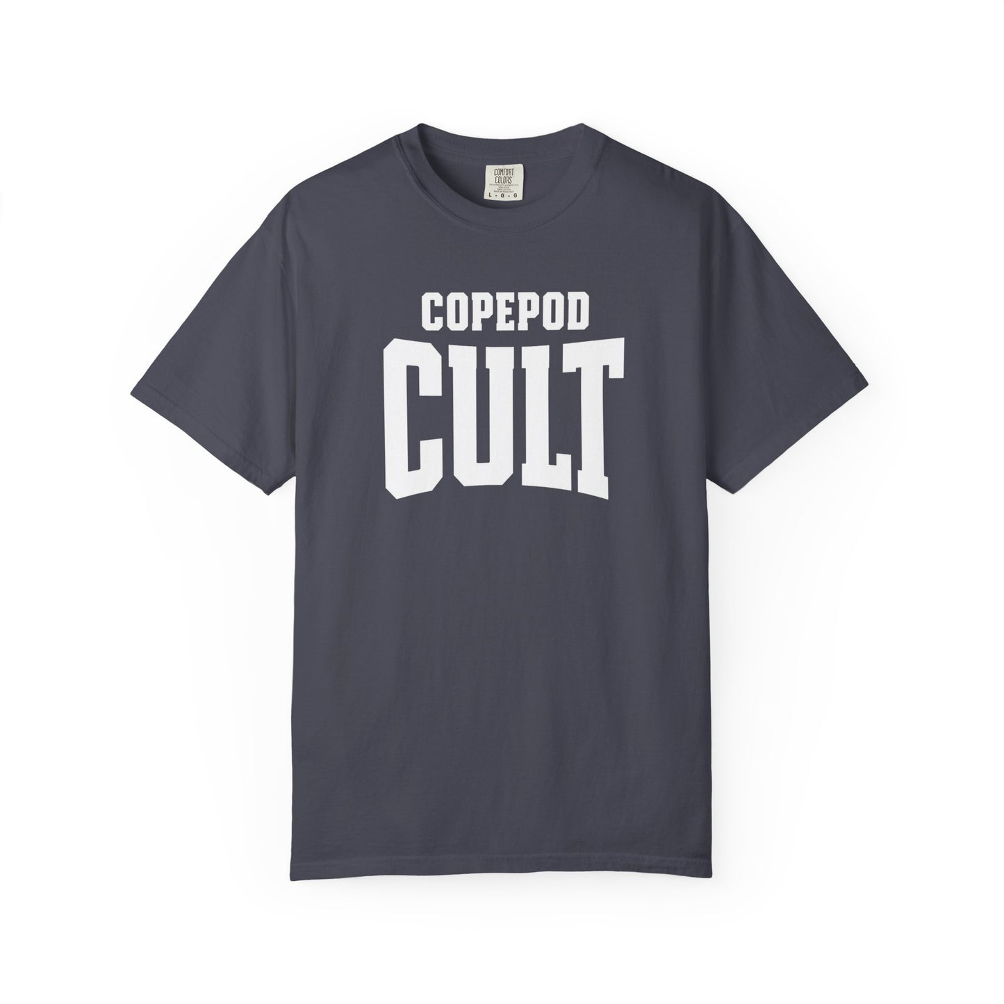 Broke Reefers saltwater aquarium graphic t-shirt featuring bold, collegiate-style typography that reads: COPEPOD CULT, navy crew neck tee