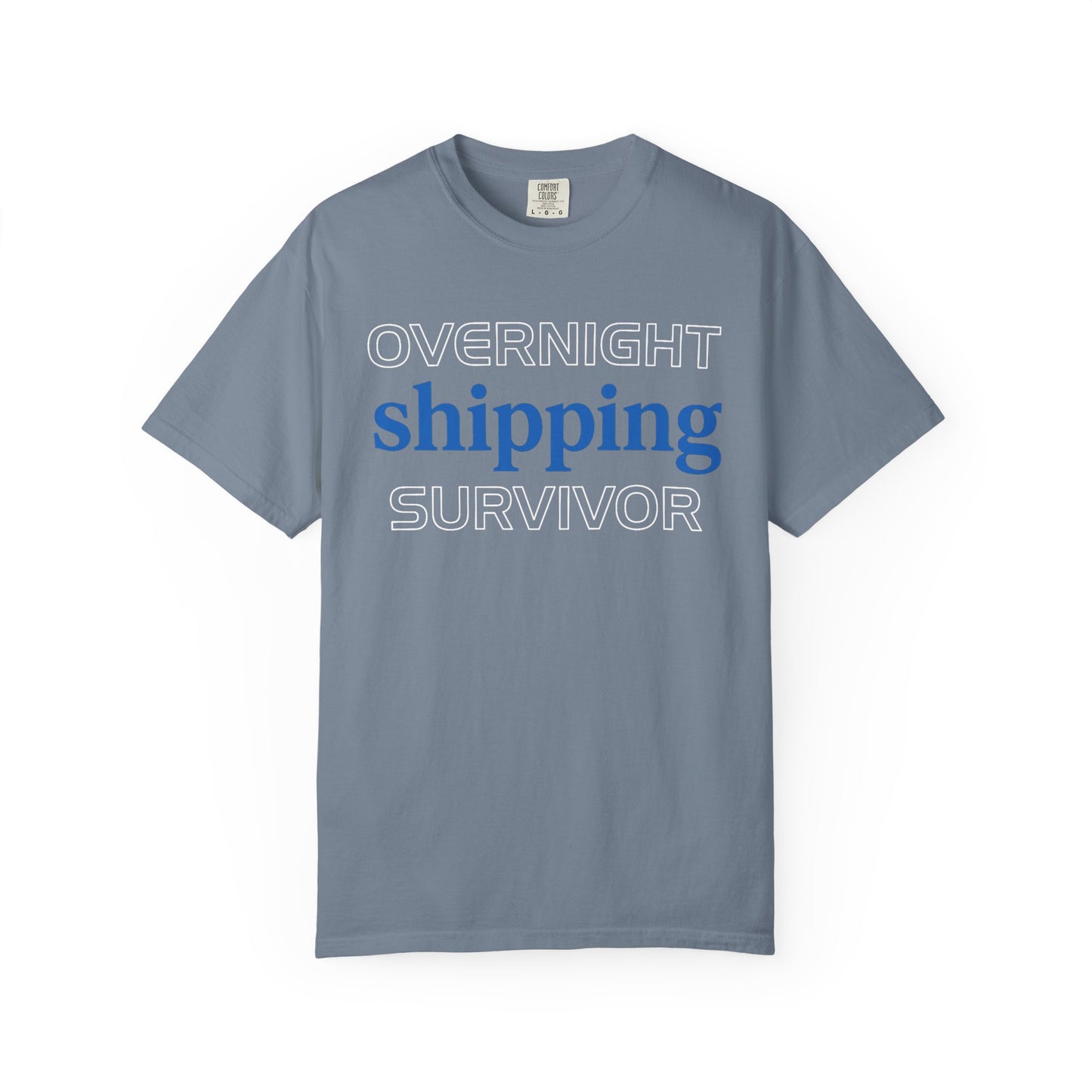 Broke Reefers saltwater aquarium graphic t-shirt featuring clean, bold typography that reads: OVERNIGHT shipping SURVIVOR, blue crew neck tee