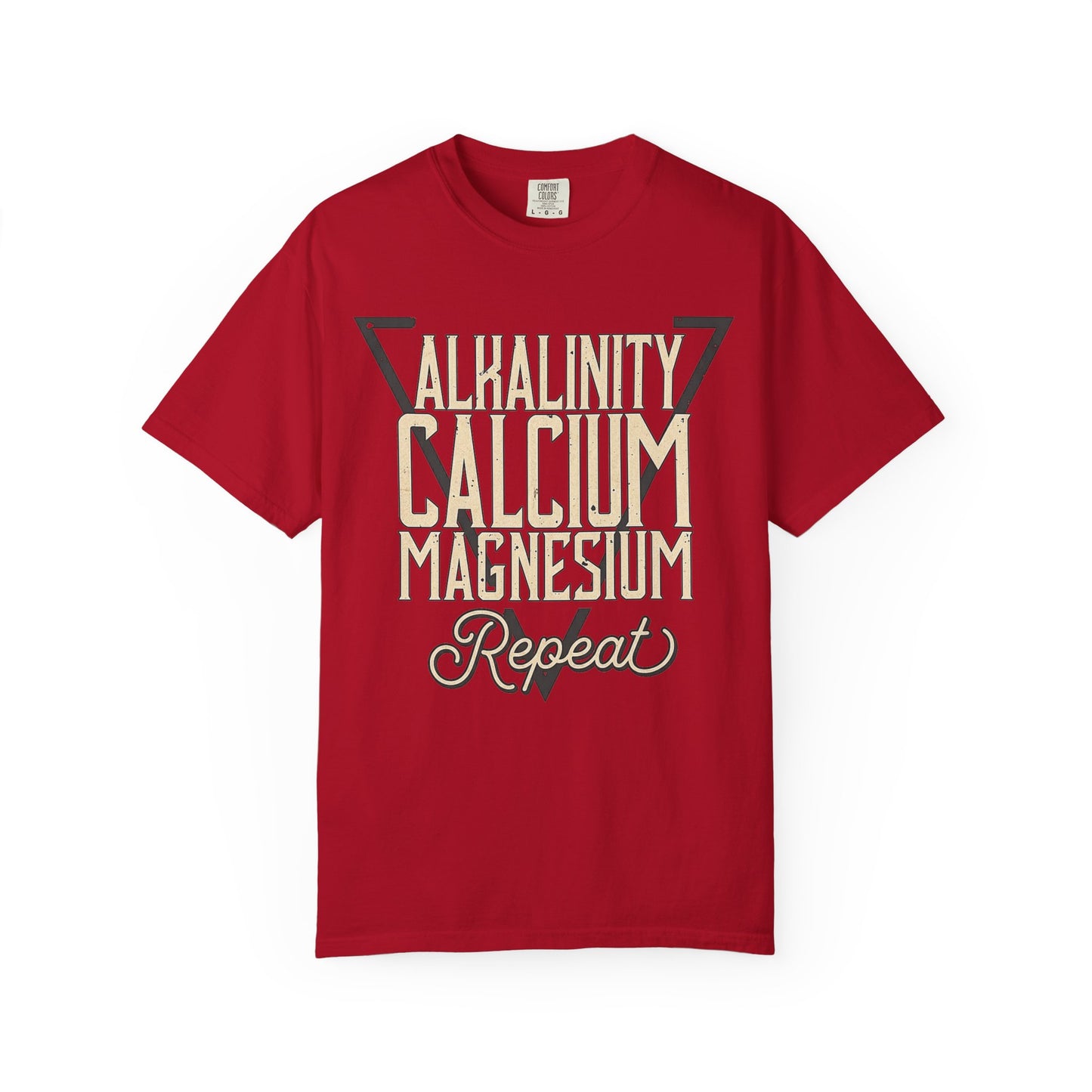 Broke Reefers graphic t-shirt featuring a geometric triangle design with the text: ALKALINITY, CALCIUM, MAGNESIUM, REPEAT, red crew neck tee.