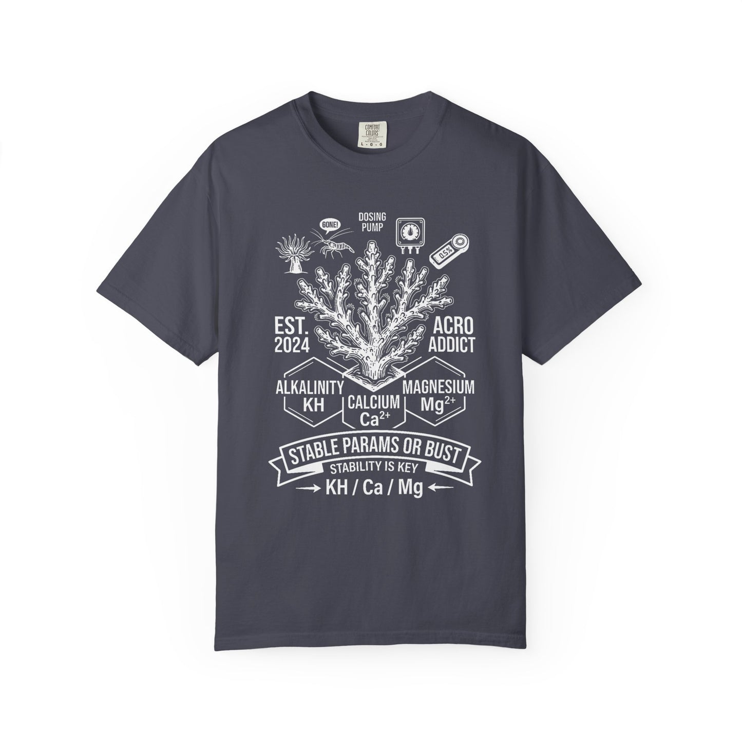 Broke Reefers saltwater aquarium graphic t-shirt featuring a detailed scientific illustration of SPS coral and water chemistry parameters with the text: ACRO ADDICT STABLE PARAMS OR BUST, navy crew neck tee