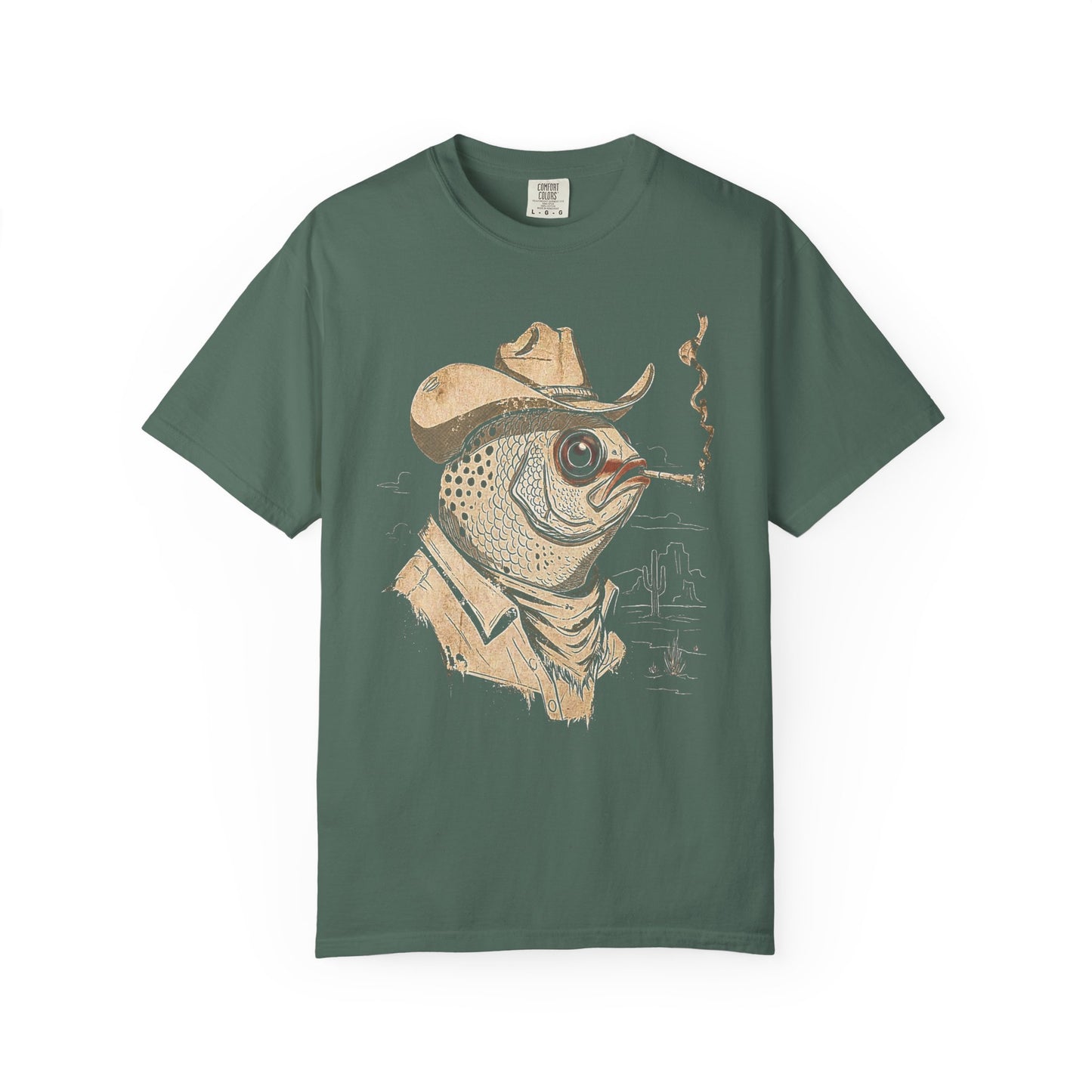 Broke Reefers saltwater aquarium graphic t-shirt featuring a moody, artistic illustration of a fish dressed as a cowboy in the desert, military green crew neck tee