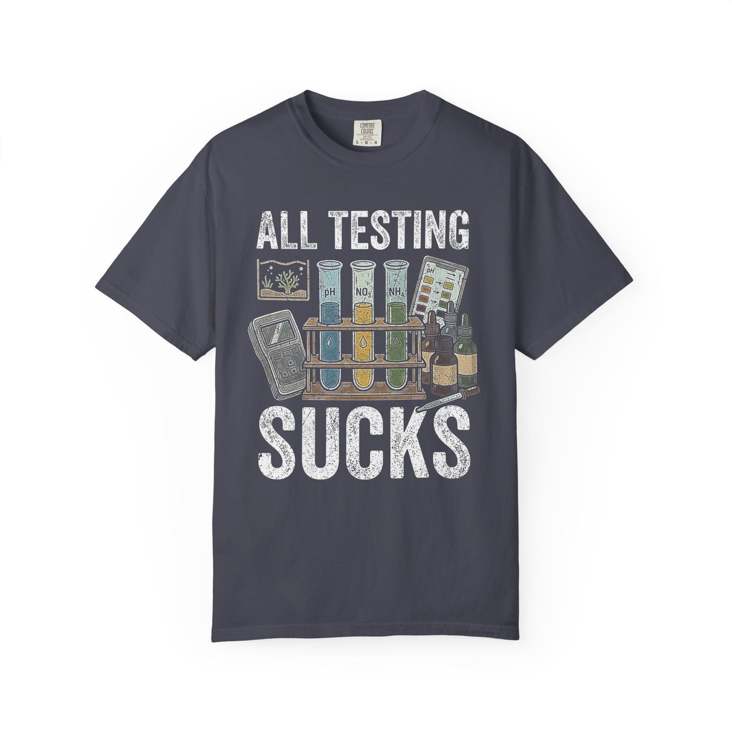 Broke Reefers graphic t-shirt featuring a vintage-style illustration of aquarium water testing equipment with the text: ALL TESTING SUCKS, navy crew neck tee