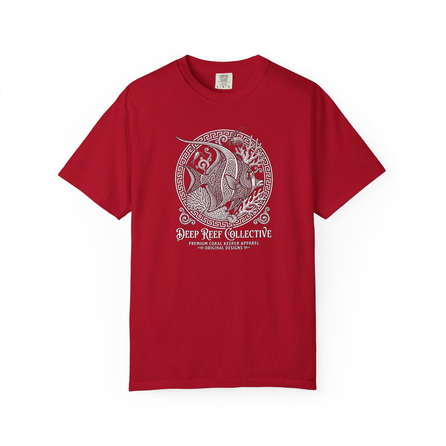 Deep Reef Collective premium graphic t-shirt featuring an intricate, knotwork-style illustration of a Moorish Idol (Zanclus cornutus) within a circular frame, red crew neck tee