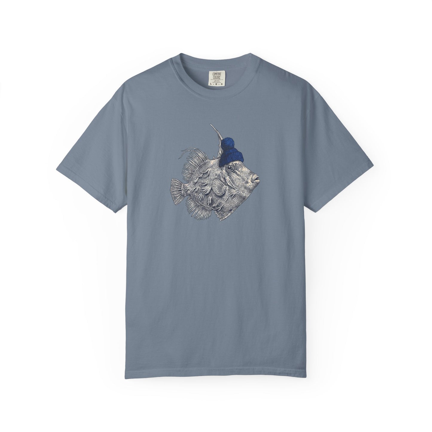 Broke Reefers graphic t-shirt featuring a vintage-style illustration of a filefish wearing a beanie, blue crew neck tee