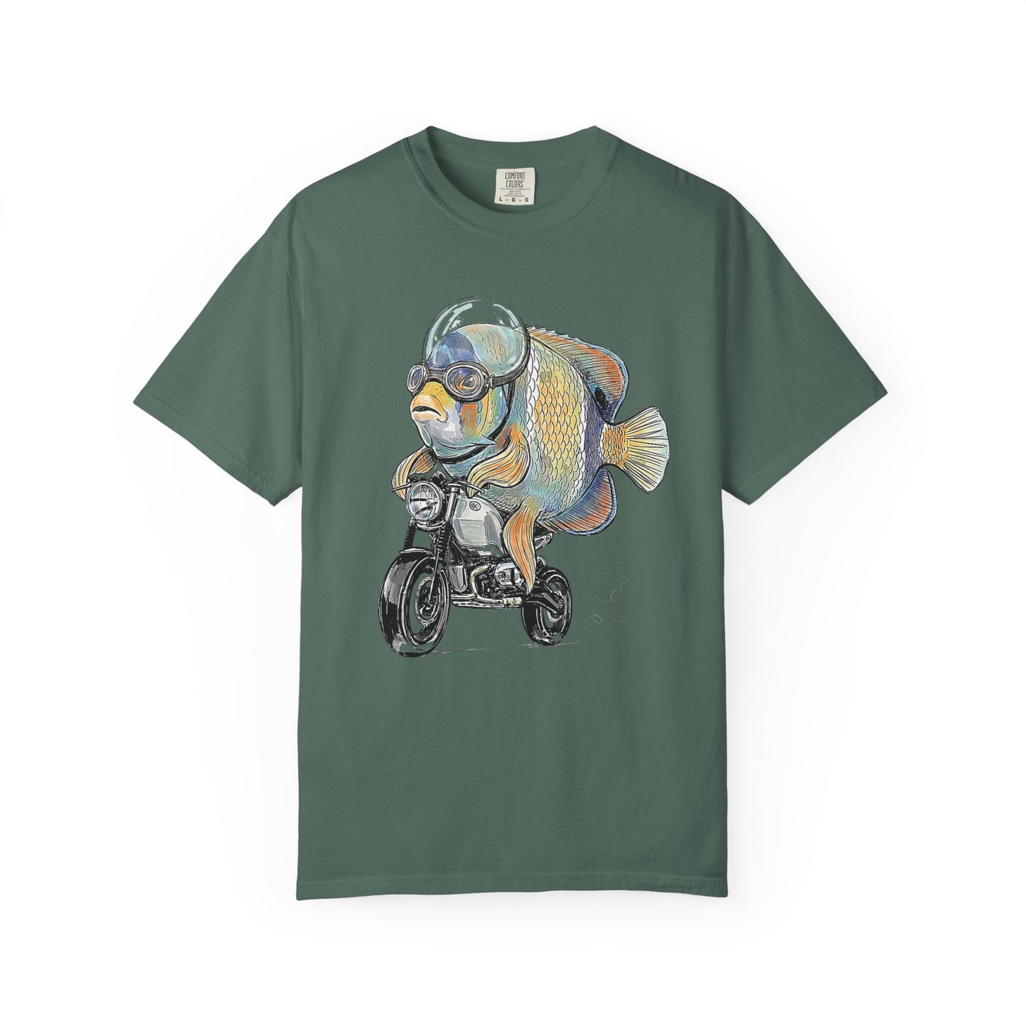 Broke Reefers saltwater aquarium graphic t-shirt featuring a detailed, whimsical illustration of a Majestic Angelfish in a bubble helmet riding a motorcycle, military green crew neck tee